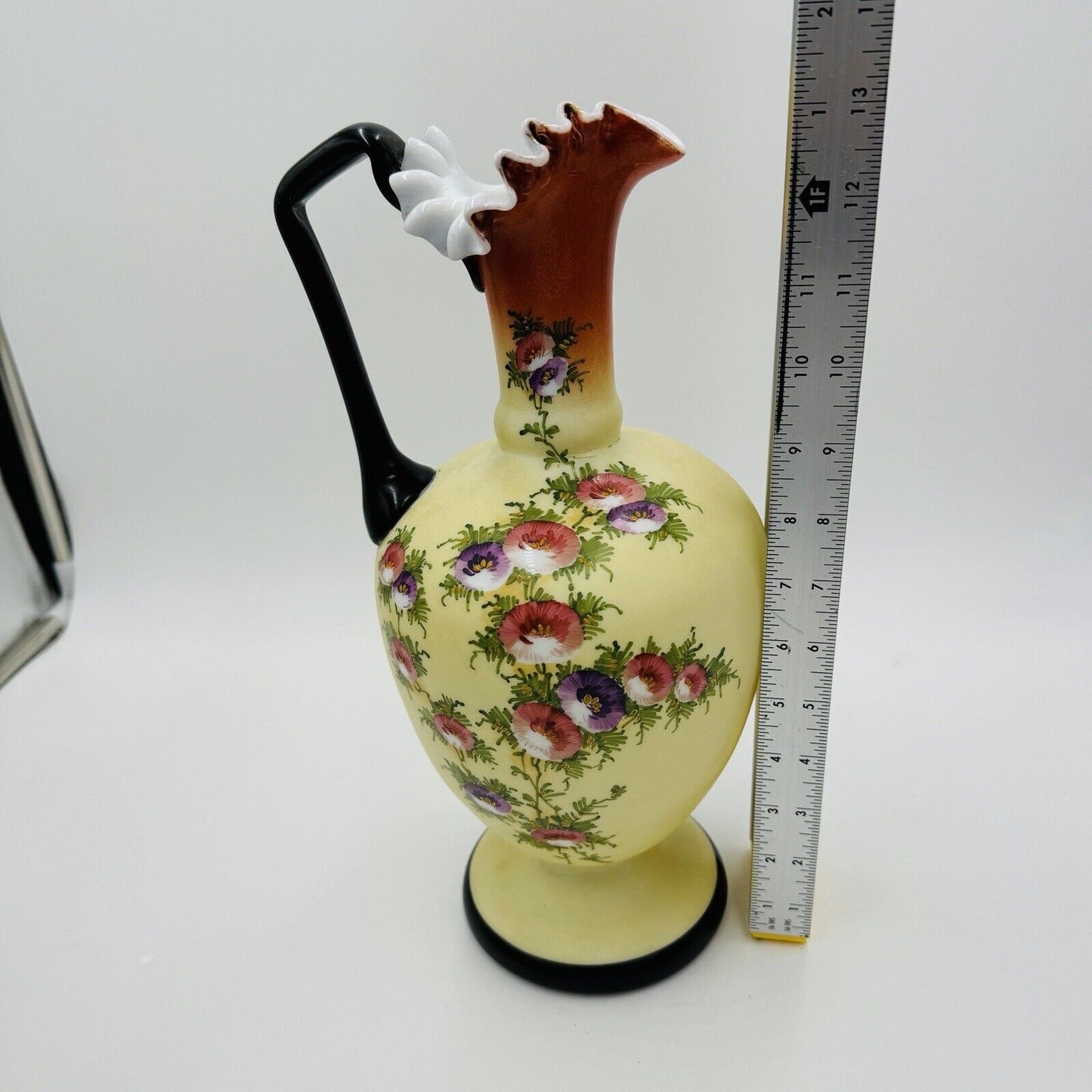 Antique Victorian BOHEMIAN HARRACH Opaline  Custard Enameled Glass Pitcher XIX