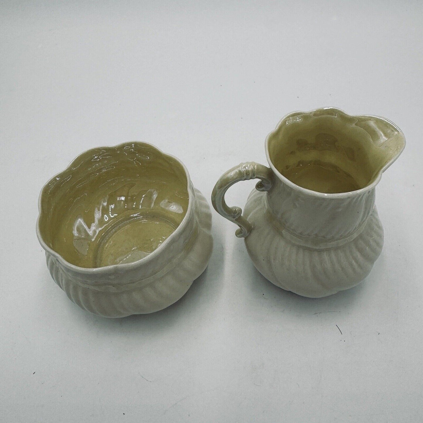 Belleek Yellow Ribbon Lustre Open Sugar & Creamer circa 1965 6th Green Porcelain