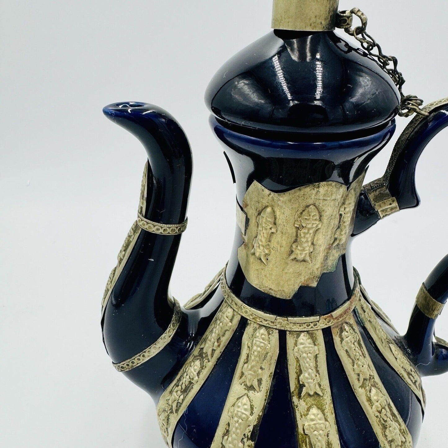 Antique Chinese Blue Cobalt Ornate Brass Design Teapot Porcelain