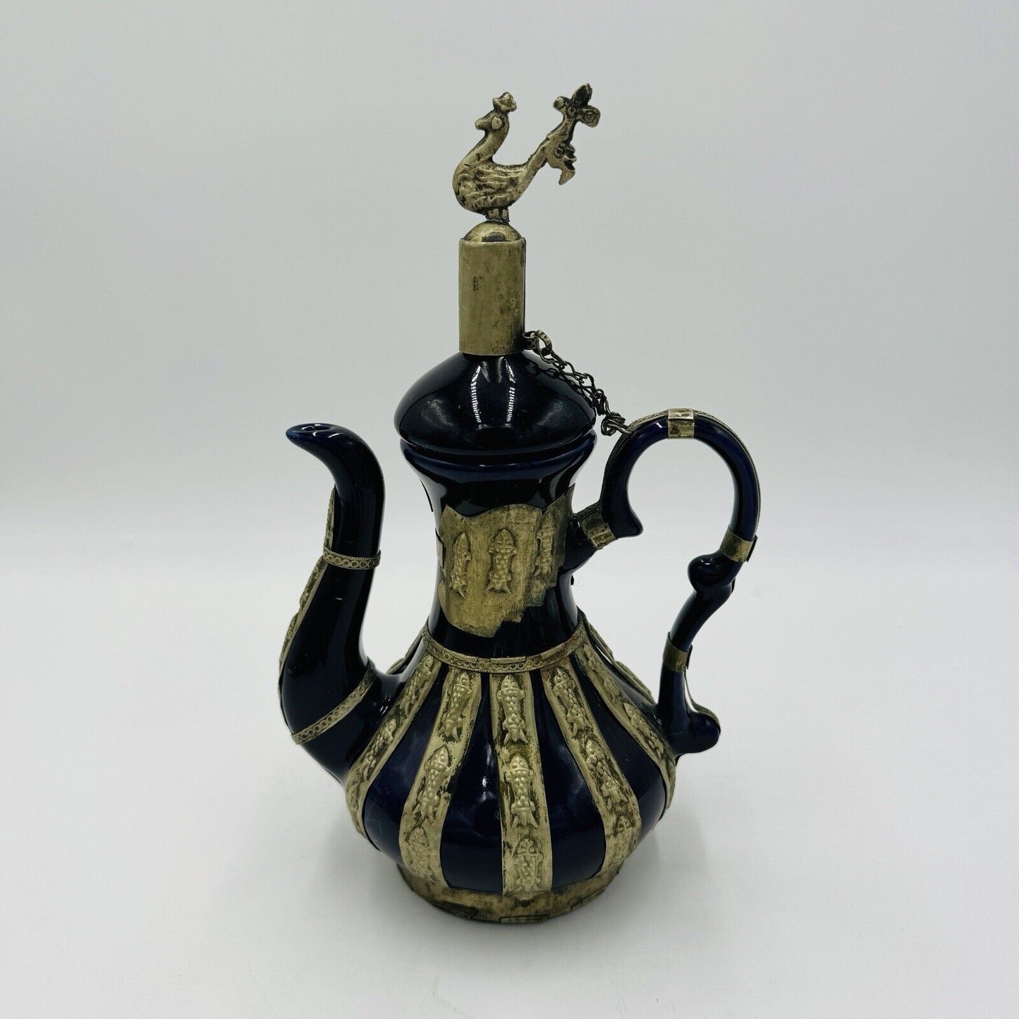 Antique Chinese Blue Cobalt Ornate Brass Design Teapot Porcelain