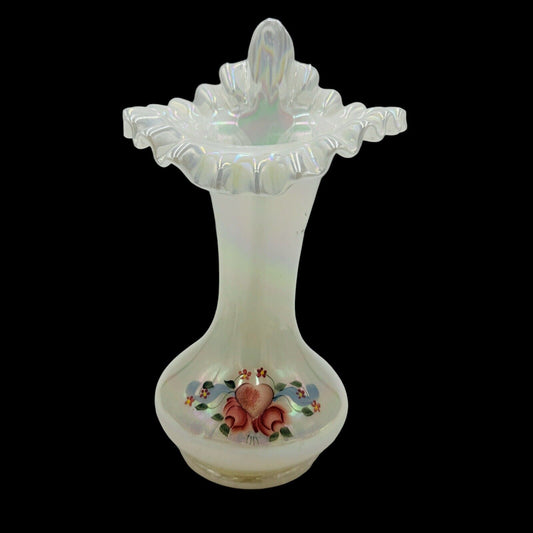 Fenton Art Glass Floral Iridescent Jack In The Pulpit Vase Handpainted Signed 9"