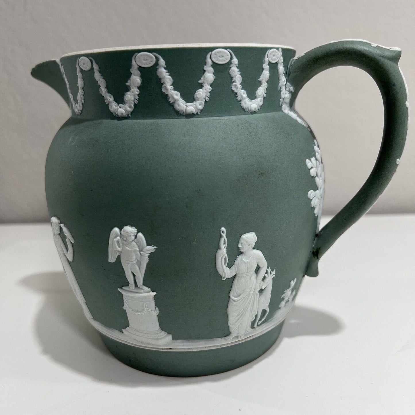 Wedgwood Pitcher Jasperware Dark Green Antique 6in Serveware Collectible Handle