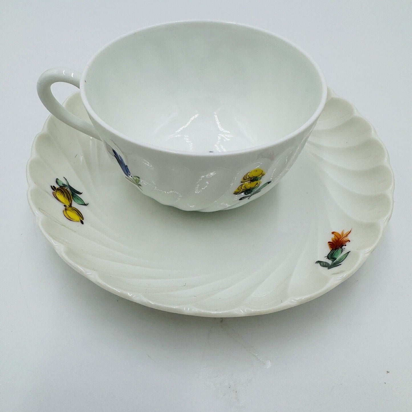 Antique Nymphenburg Porcelain Germany Welle Ribbed Teacup & Saucer 1632 Floral